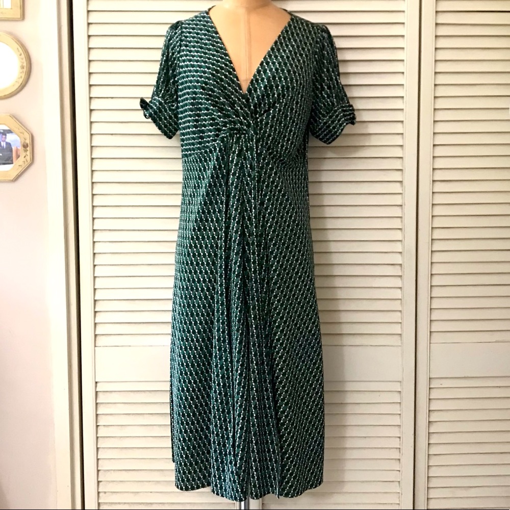 Luna Womens Dress Large Green Black Short Sleeve V-neck Waterfall Midi Party